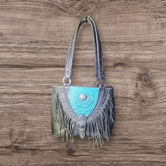 Montana West Handbags - Elegant Fringe Shoulder Bag - Turquoise and Gray